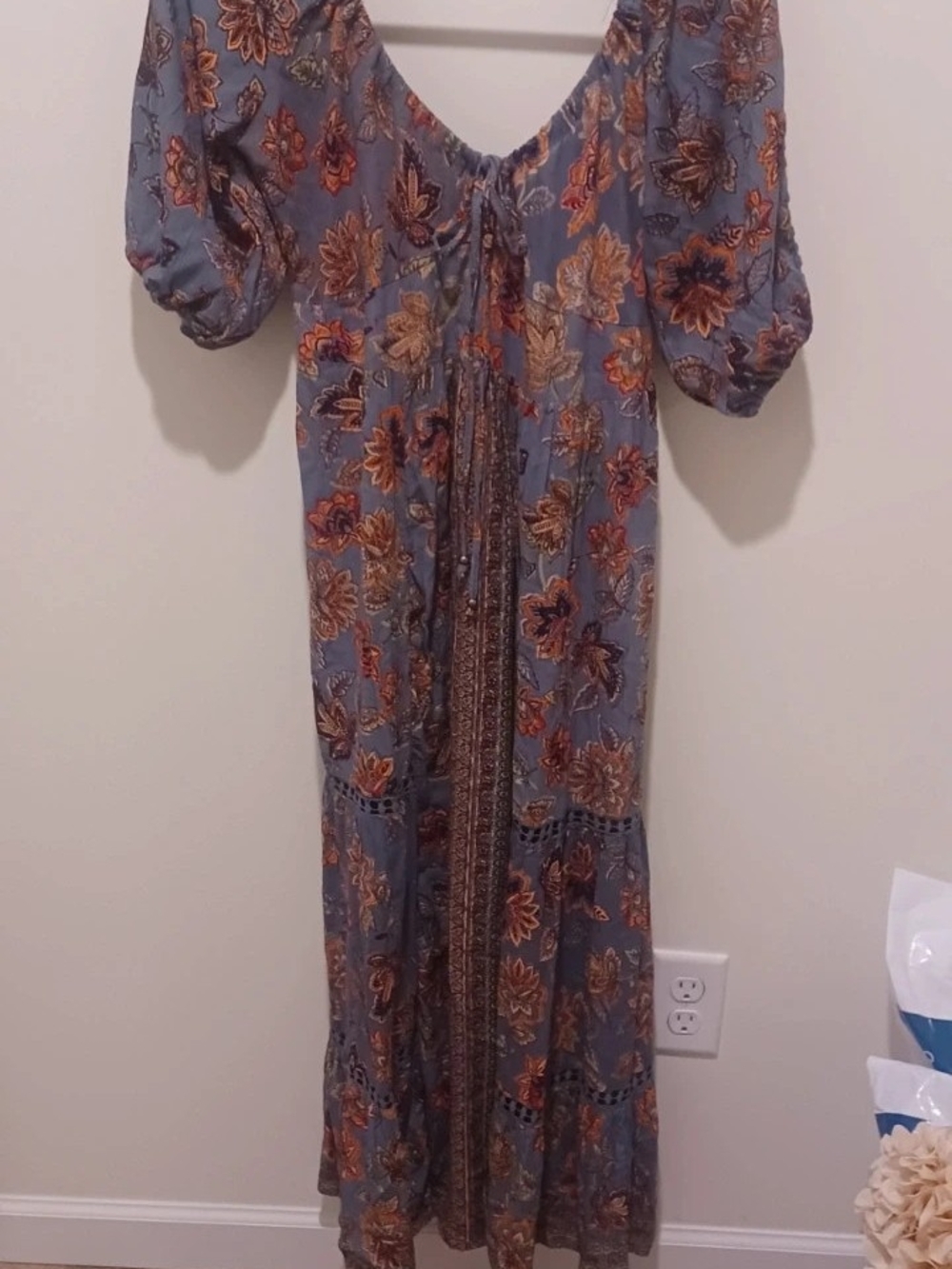 Angie Slate Blue Floral Maxi Dress with Puff Sleeves